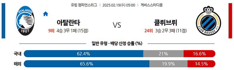 02-19 05:00 UEFA 챔피언스리그 아탈란타 BC 클럽 브뤼헤 KV 해외축구분석 무료중계 스포츠분석