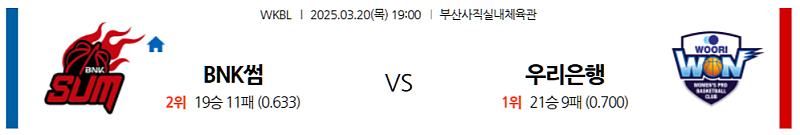 3월 20일 19:00 WKBL BNK썸 우리은행 국내농구분석 무료중계 스포츠분석