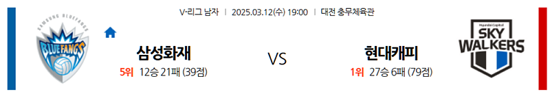 03-12 19:00 V-리그 남자부 삼성화재 현대캐피탈 국내농구/배구분석 무료중계 스포츠분석