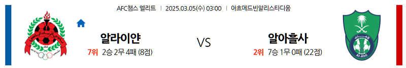 03-05 03:00 AFC 챔피언스리그 알라이얀 SC 알 아흘리 SC 해외축구분석 무료중계 스포츠분석