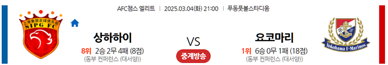 03-04 21:00 AFC 챔피언스리그 상하이 하이강 요코하마 F 마리노스 해외축구분석 무료중계 스포츠분석