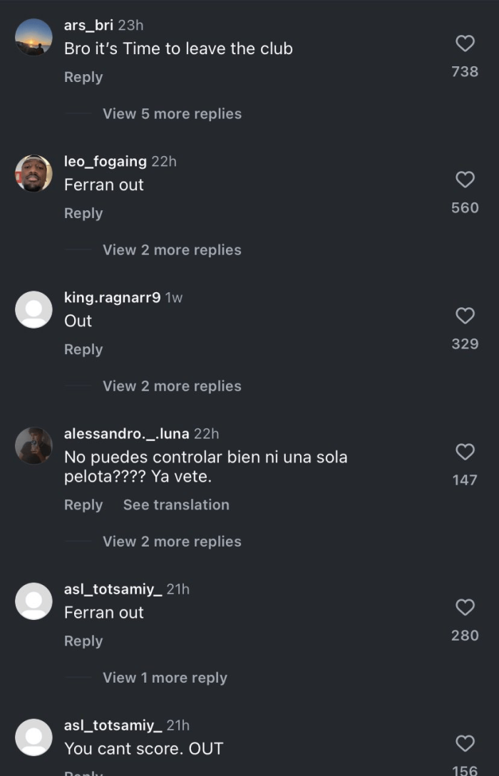 바르셀로나 팬들, 페란 토레스의 SNS를 습격해 팀을 떠날 것을 요구